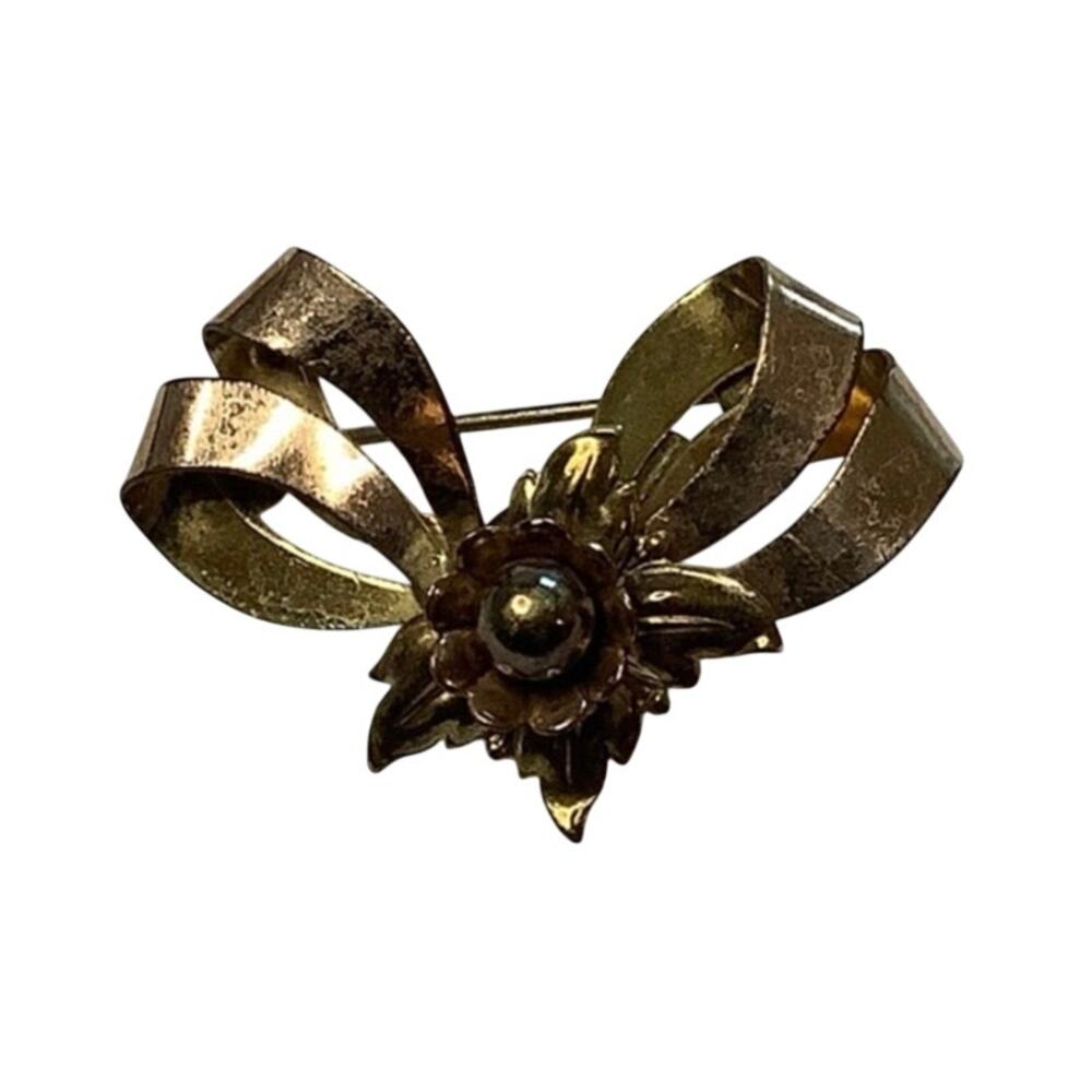 Harry Iskin Gold Tone Floral Bow Brooch Ribbon Pin Vintage Cottagecore F10-9